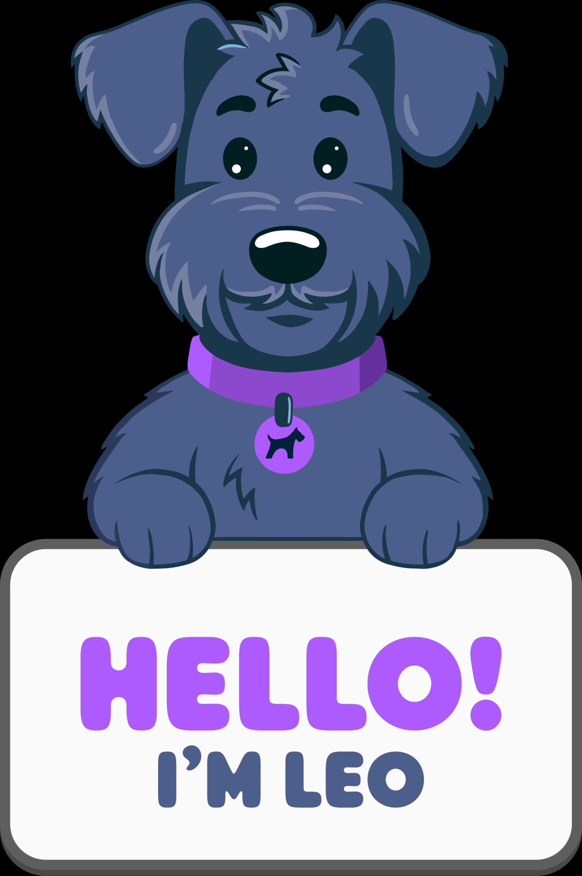 Leo the Fetch dog holding a sign that says Hello! I'm Leo